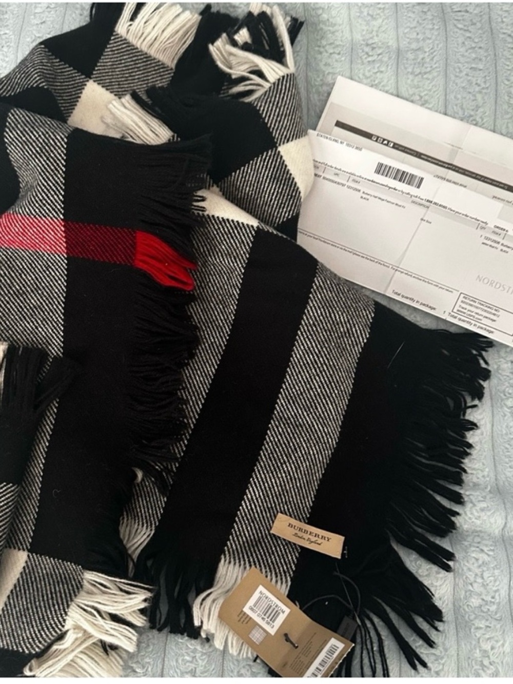 Burberry Black White and Red Plaid Fringe Scarf - Picture 4 of 4